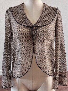 Vintage Cynthia Max Open Front Knit Cardigan  Gold Metallic Boho Whimsy Small S